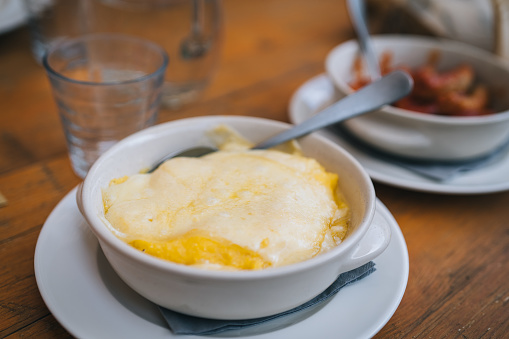 Hardy breakfast crepes and cheese in a mountain hut