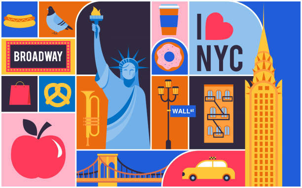 new york city, usa illustration, background, poster and banner design. geometrical modern style concept illustration - new york city new york ilustrasi stok