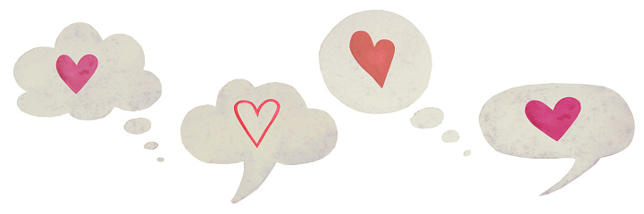 Collection of speech bubbles and dialogue balloons with hearts. Hand watercolor painting. Isolated clip art elements for design, decor, creative collages.