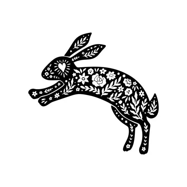 Vector illustration of Easter floral rabbit silhouette in linocut style. Cute bunny shape, flower, leaves. Vector folk art illustration isolated on white background. Bloom linocut rabbit icon for logo, social media, print