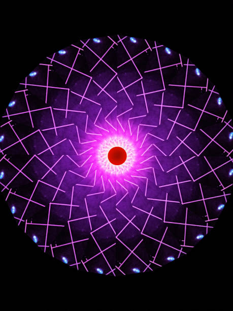 Lines and wedges make up this spiral circular image.  It looks like a cosmic wheel in purple with a center target in red