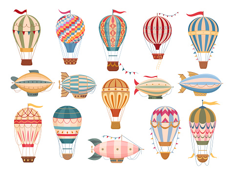 Cartoon vintage hot air balloons. Flying dirigibles and retro air hot air balloons decorated with flags and garlands flat vector illustration set. Cute air transport collection