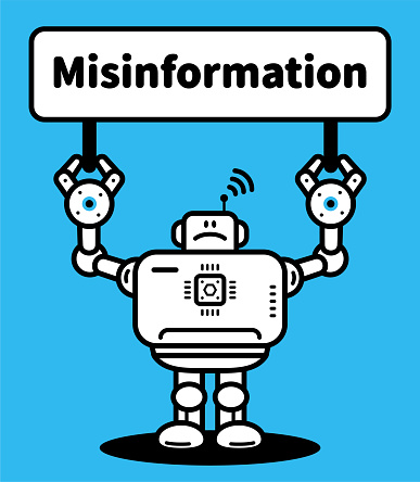 Cute AI characters vector art illustration.
An Artificial Intelligence Robot holds a Misinformation Sign warning the public about it.