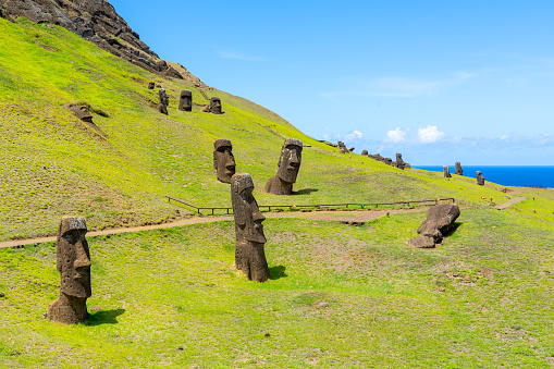Easter Island, Chile - March 4, 2023: Moai heads on the slope of Rano Raraku on Easter Island (Rapa Nui),  Chile. Raraku is commonly known as the “Moai Factory”.