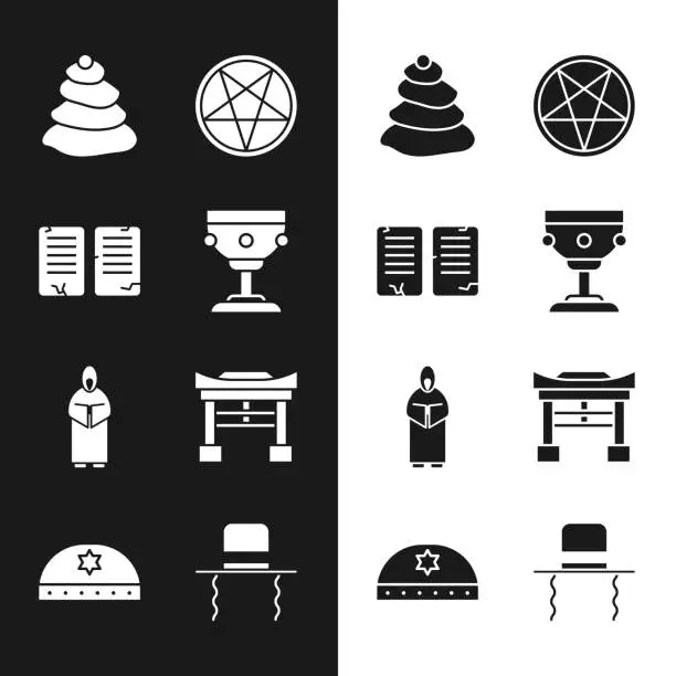 Vector illustration of Set Christian chalice, The commandments, Stack hot stones, Pentagram in circle, Monk, Japan Gate, Orthodox jewish hat with sidelocks and Jewish kippah star of david icon. Vector