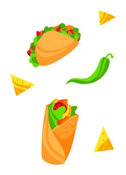 Vector illustration of Colorful Mexican food illustration with a taco, burrito, chili pepper, and nachos. Delicious street food vector illustration