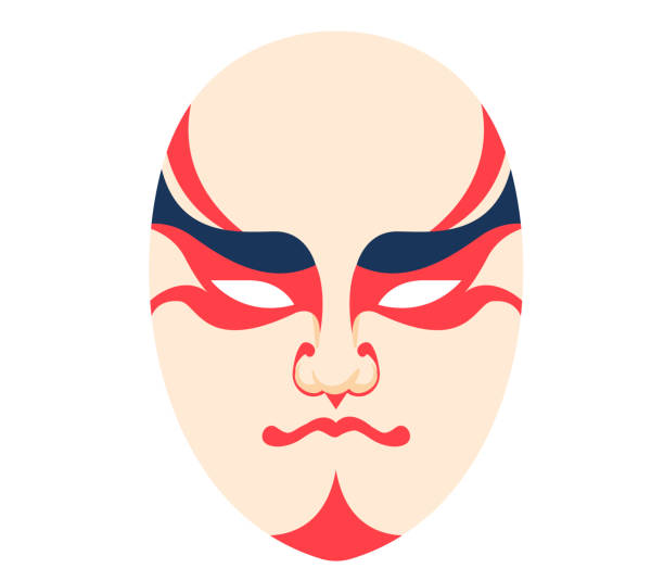 ilustrações, clipart, desenhos animados e ícones de máscara de ópera asiática estilizada com pintura facial vermelha e azul. maquiagem dramática tradicional chinesa. ilustração vetorial da arte da performance cultural - dramatic make up