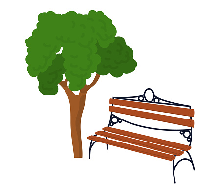 Park bench under a green tree, simple cartoon style. Outdoor wooden bench for rest, garden or park landscape vector illustration.