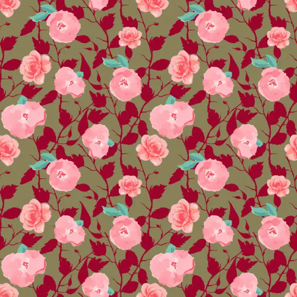 Vector illustration of Cottagecore seamlesss pattern with watercolor roses and gold background.