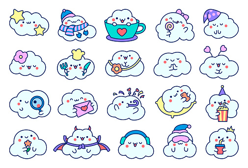 Cute kawaii funny clouds. Cartoon weather character in different poses. Hand drawn style. Vector drawing. Collection of design elements.