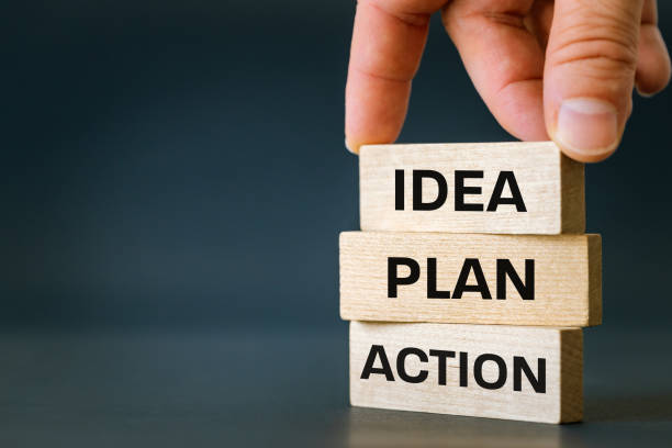 istock Idea action plan symbol. Hand arranging wooden blocks with the words Idea for an action plan. Navy blue background. Business plan and idea working concept, Copy space 1923506306