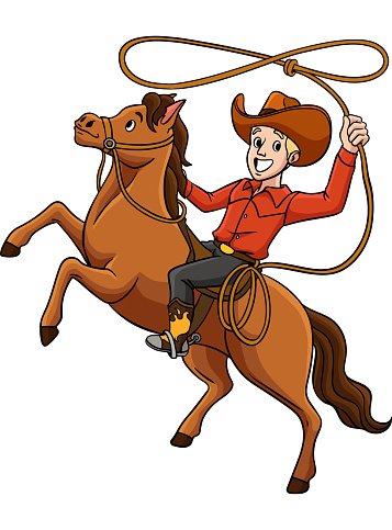 This cartoon clipart shows a Cowboy Throwing a Lasso on a Horse illustration.