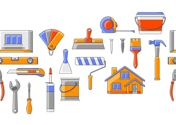 Vector illustration of Pattern with repair working tools. Equipment for construction industry and business.