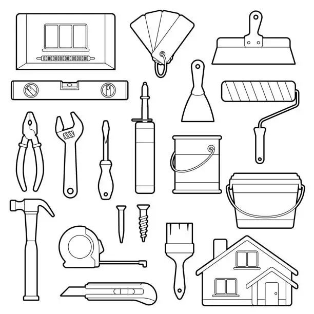 Vector illustration of Repair working tools set. Equipment for construction industry and business.