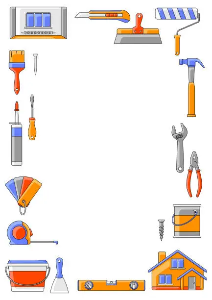 Vector illustration of Frame with repair tools. Equipment for construction industry and business.