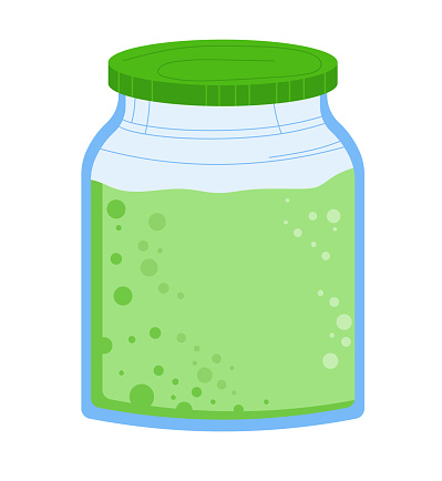 Green slime in a transparent jar with a green lid isolated on white. Cartoon style design of a slime toy container. Kids fun and creative plaything vector illustration.