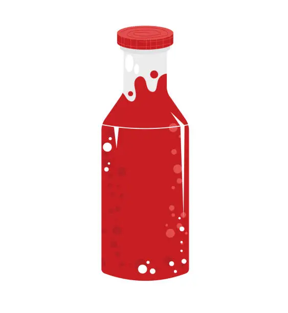 Vector illustration of Red soda bottle with bubbles and a cap. Beverage container vector illustration. Refreshing fizzy drink concept