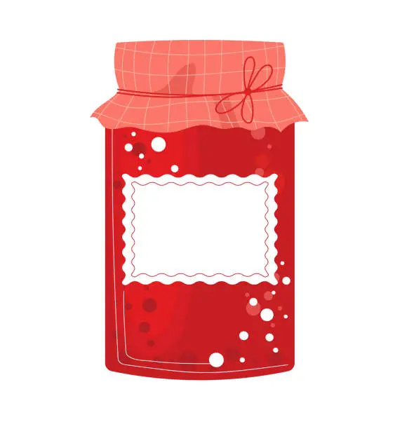 Vector illustration of Red jam jar with checkered lid and blank label. Homemade preserves and organic canned food. Sweet berry jelly vector illustration