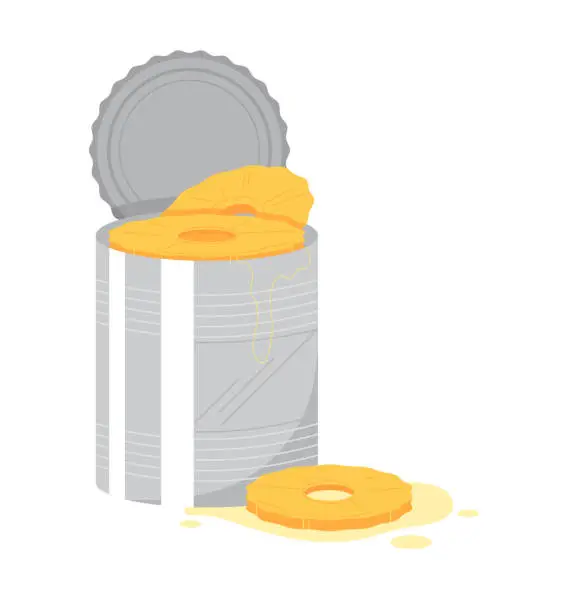 Vector illustration of Opened aluminum can with overflowing honey and lid off. Spilled honey beside the can, sticky sweet golden syrup overflow vector illustration