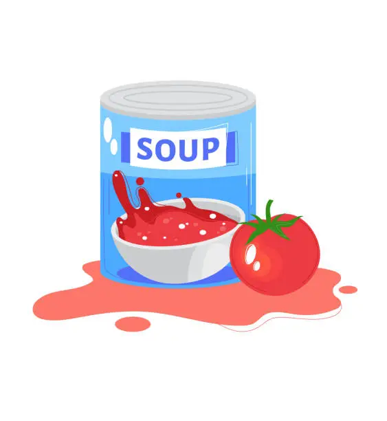 Vector illustration of Spilled tomato soup bowl next to a fresh tomato and a can labeled SOUP. Food spill accident concept. Kitchen mess, cooking ingredients vector illustration