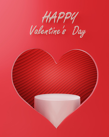 Red room and wall with white cylinder pedestal or stand podium in heart shape shape window. Valentine day minimal scene for product display presentation. 3d rendering