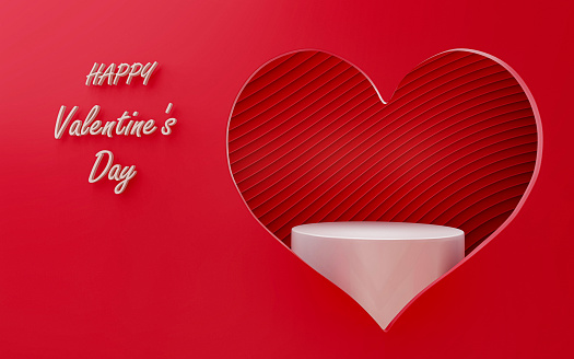 Red room and wall with white cylinder pedestal or stand podium in heart shape shape window. Valentine day minimal scene for product display presentation. 3d rendering