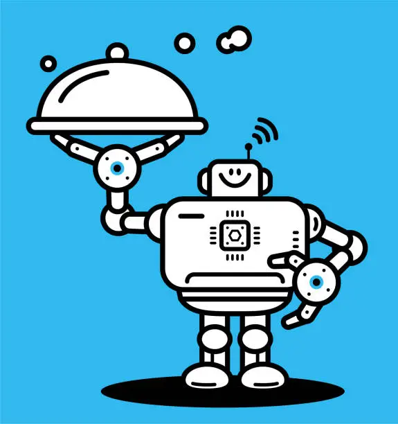 Vector illustration of An Artificial Intelligence Robot Chef services meals in a dome plate cover, carrying a tray with a domed lid