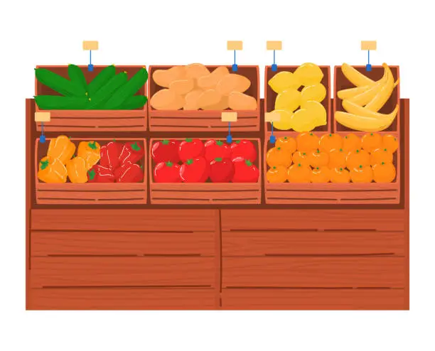 Vector illustration of Wooden crates with fresh vegetables and fruits display. Market stall with tomatoes, bananas, oranges vector illustration. Grocery store fresh produce section concept