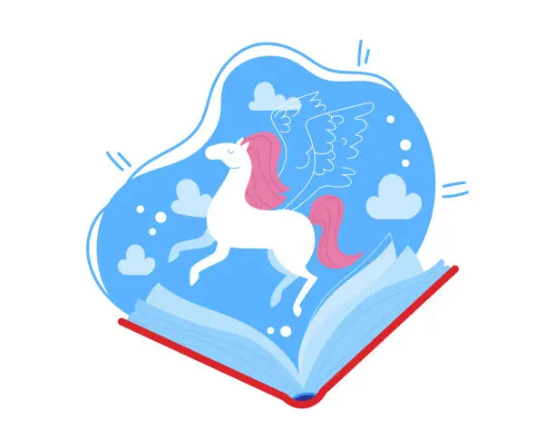 Vector illustration of Pegasus flying out of open book with clouds and stars, mythical horse with wings, fantasy concept. Imagination and fairy tales vector illustration