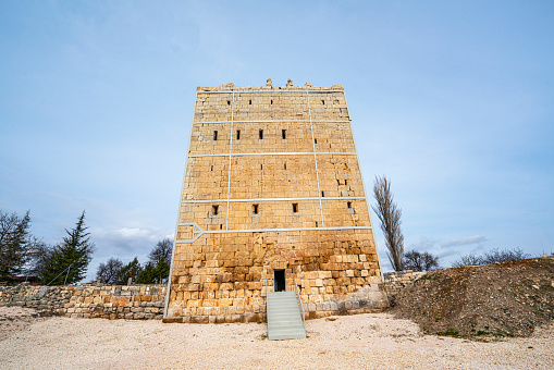 Scenic views of Hellenistic Tower near Uzuncaburç, is an archaeological site in Mersin Province, Turkey, containing the remnants of the ancient city of Diokaisareia or Diocaesarea.