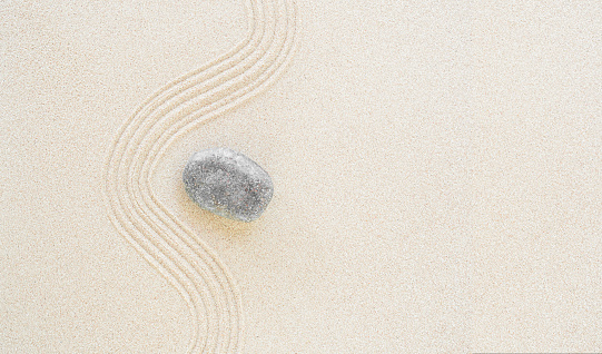 Zen Garden Sand White Background Japanese Balance Meditation Relax Buddhism Spirituality, Pattern Line Wave Mandala Mockup Spa Vacation Yoga Lifestyle Natural Summer, Texture Desert Coast Sea.