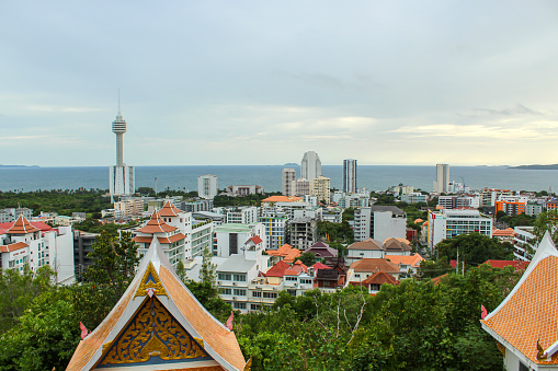 View on Pattaya from the Big Buddha statue, sunset, copy space for text