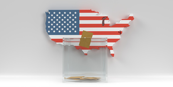 2024 United States presidential election campaign. Drop the yellow voting envelope into the glass ballot box in front of the American map, large copy space background. Vote in November! Political 3D patriotic American element.