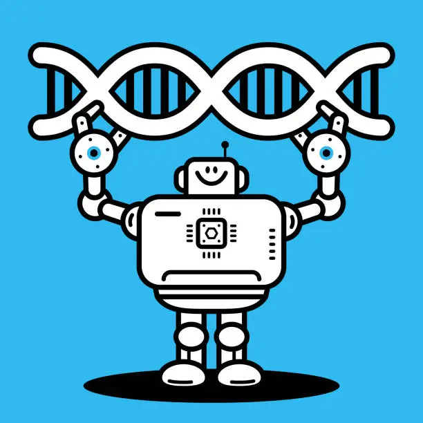 Vector illustration of An Artificial Intelligence Robot showing a DNA, Genetic engineering, GMO, and Gene manipulation concept, Unlocking Life's Code