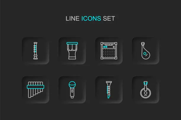 Vector illustration of Set line Banjo, Clarinet, Microphone, Pan flute, Bandura, Guitar amplifier, African percussion drum and Flute icon. Vector