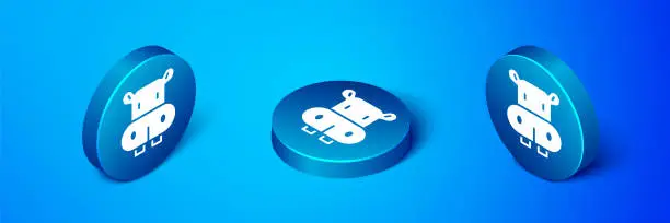 Vector illustration of Isometric Hippo or Hippopotamus icon isolated on blue background. Animal symbol. Blue circle button. Vector