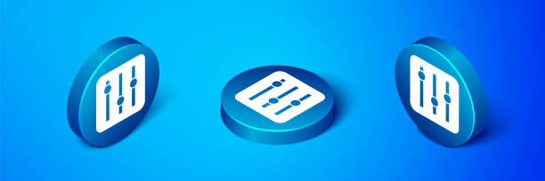 isometric sound mixer controller icon isolated on blue background. dj equipment slider buttons. mixing console. blue circle button. vector - record television broadcasting circle three dimensional shape点のイラスト素材／クリップアート素材／マンガ素材／アイコン素材
