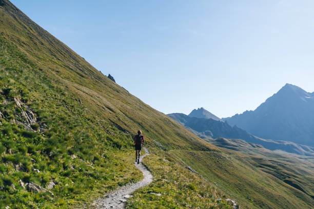 istock Trail runner bounds along mountain trail 1923628324