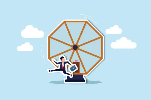 Vector illustration of Exit rat race, breaking work routine escape from disappoint paychecks or toxic daily work environment concept, confident smart businessman running from opening exit door from trapped rat race wheel.