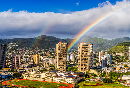Colorful Double Rainbows Rainstorm Buildings Waikiki Tantalus Apartment Buildings Honolulu Oahu Hawaii