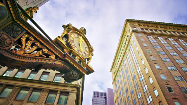 Buildings and old clock in Pittsburgh downtown.