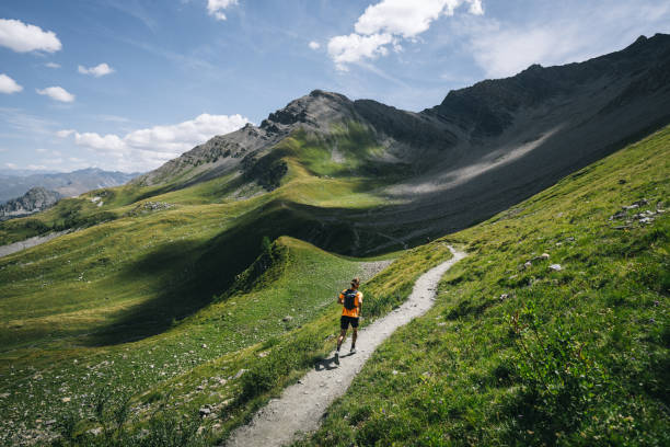 istock Trail runner bounds along mountain trail 1923658143