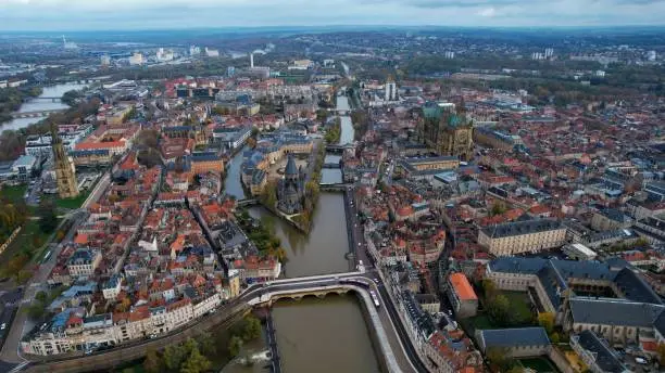 Aerial view around the old town of the city Metz on a sunny day in autumn.