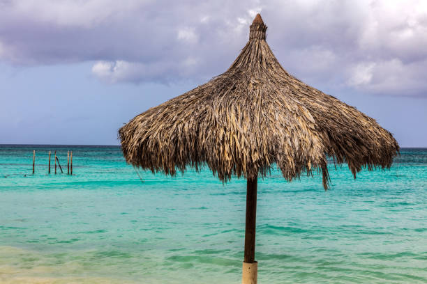 Beach umbrella on the shore in Aruba. Clean emerald-green water behind; cloudy sky above.