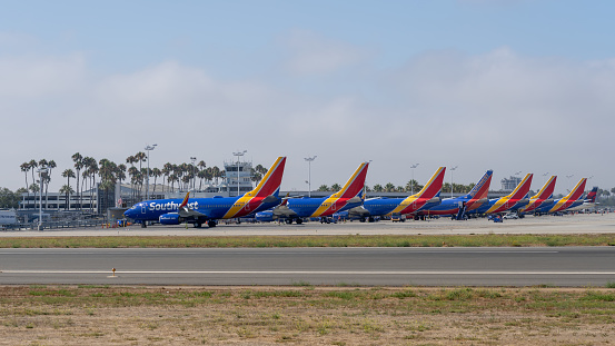 Long Beach, CA, USA - July 10, 2022: Southwest airplanes parking at Long Beach Airport in Long Beach, CA, USA. Southwest is an American low cost airline.