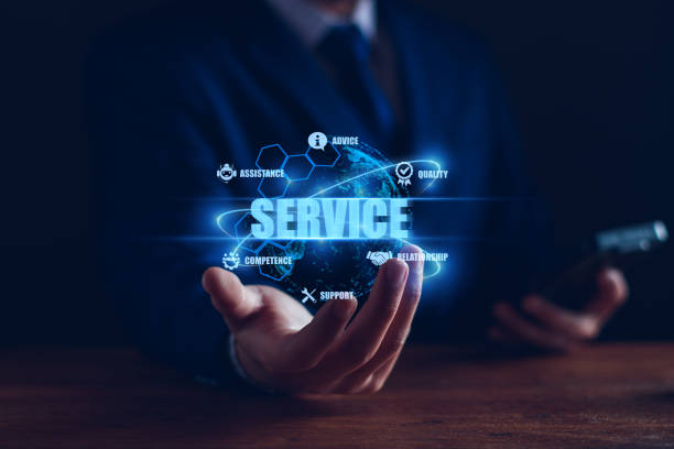 istock Business service online digital technology. Businessman touching digital globe hologram. Quality business relationship. customer service advice and support. Technology robot assistance online services 1923670221