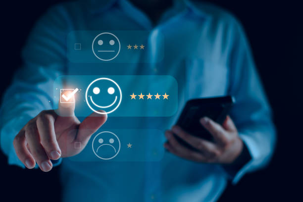 istock Customer service and Satisfaction ,business man giving Feedback satisfaction. five stars Positive Review. Client Satisfaction Surveys, good, five stars, best product and service. Excellence guarantee. 1923671283