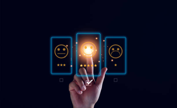Customer service and Satisfaction ,business man giving Feedback satisfaction. five stars Positive Review. Client Satisfaction Surveys, good, five stars, best product and service. Excellence guarantee.