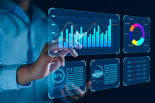 Data analyst working on business analytics dashboard with charts, metrics and KPI to analyze performance and create insight reports and strategic decisions for operations management on virtual screen.