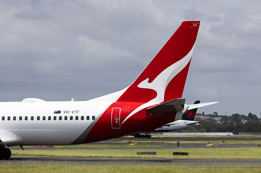 Sydney, Australia - December 17, 2023: Close-up view of Qantas Aircraft tail. Registration VH-VYF.
